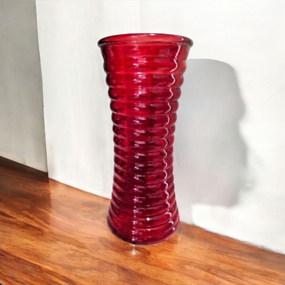"Vintage" Ruby Red Ribbed Vase Elegant Christmas